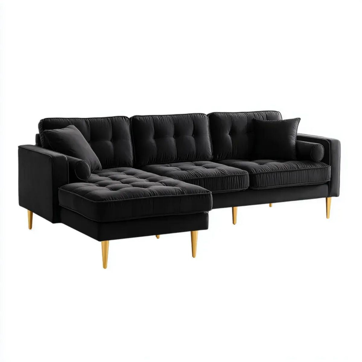 Czarna aksamitna sofa narożna z lewostronnym szezlongiem i złotymi nogami, 260 × 160 × 85 cm