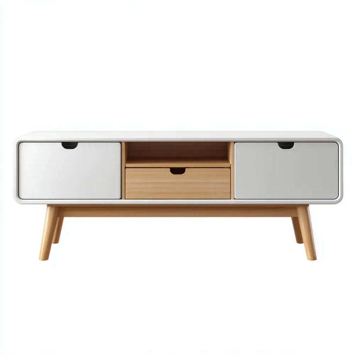 Biała szafka RTV z płyty MDF i nogami z litego drewna sosnowego, 120 × 40 × 55 cm
