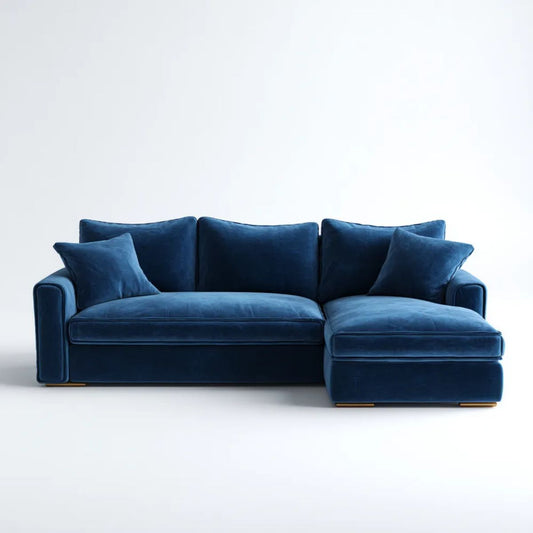 Granatowa welurowa sofa narożna z prawostronnym szezlongiem 260 × 160 × 85 cm