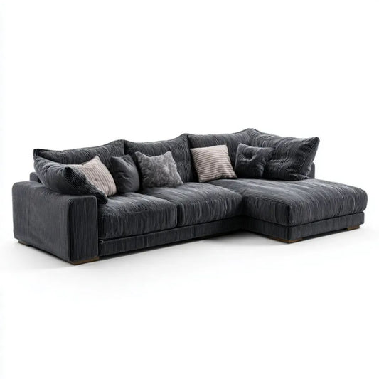 Grafitowa sofa narożna w kształcie L z prawostronnym szezlongiem, prążkowana tapicerka poliestrowa, 285 × 180 × 85 cm