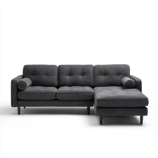 3-osobowa sofa narożna w kształcie L z prawostronnym szezlongiem, poliestrowa, ciemnoszara, 255 x 160 x 85 cm