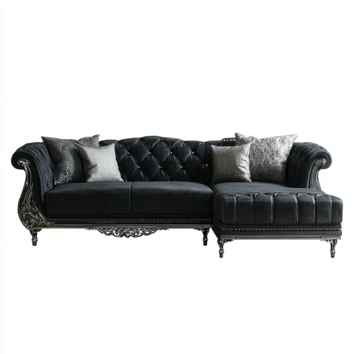 Czarna sofa narożna z prawostronnym szezlongiem, tapicerka z ekoskóry PU, srebrne detale, 280 x 170 x 90 cm