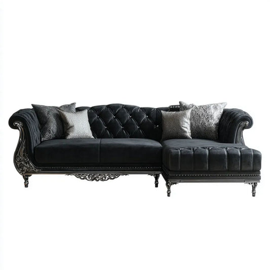 Czarna sofa narożna z prawostronnym szezlongiem, tapicerka z ekoskóry PU, srebrne detale, 280 x 170 x 90 cm