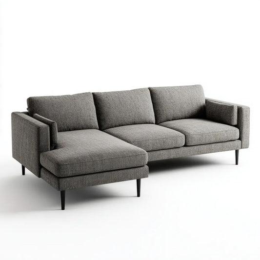 Szara sofa narożna lewostronna z szezlongiem, tapicerowana poliestrem, 250 × 160 × 85 cm