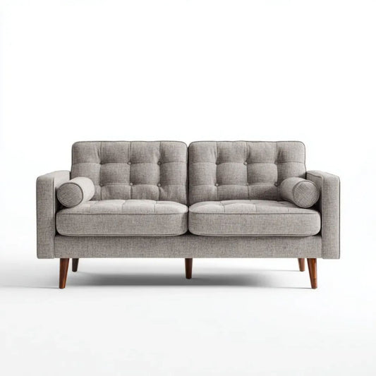 Szara sofa dwuosobowa z tapicerką poliestrową i drewnianymi nogami, 152 × 84 × 86 cm
