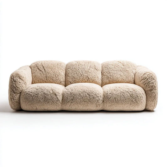 Trzyosobowa sofa beżowa z poliestru o zaokrąglonej formie, 220 × 95 × 75 cm