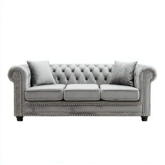 Trzyosobowa sofa Chesterfield z aksamitu szara 220 x 90 x 78 cm