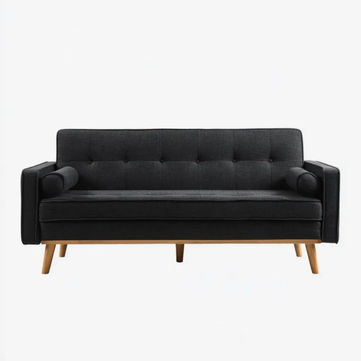 Trzyosobowa sofa czarna z tapicerką poliestrową i drewnianymi nogami, 180 x 80 x 84 cm