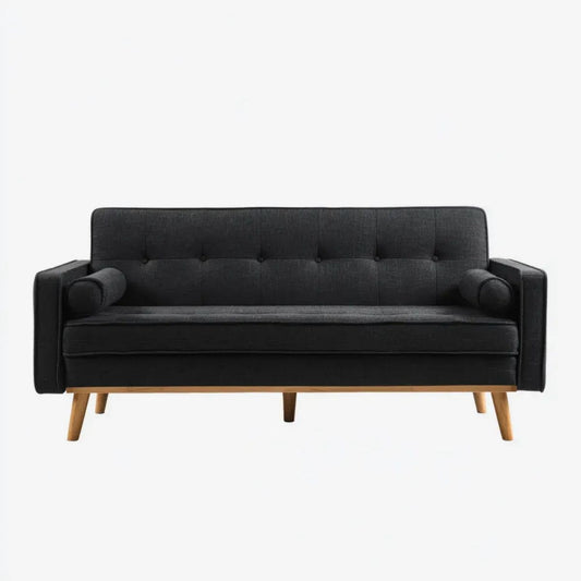 Trzyosobowa sofa czarna z tapicerką poliestrową i drewnianymi nogami, 180 x 80 x 84 cm