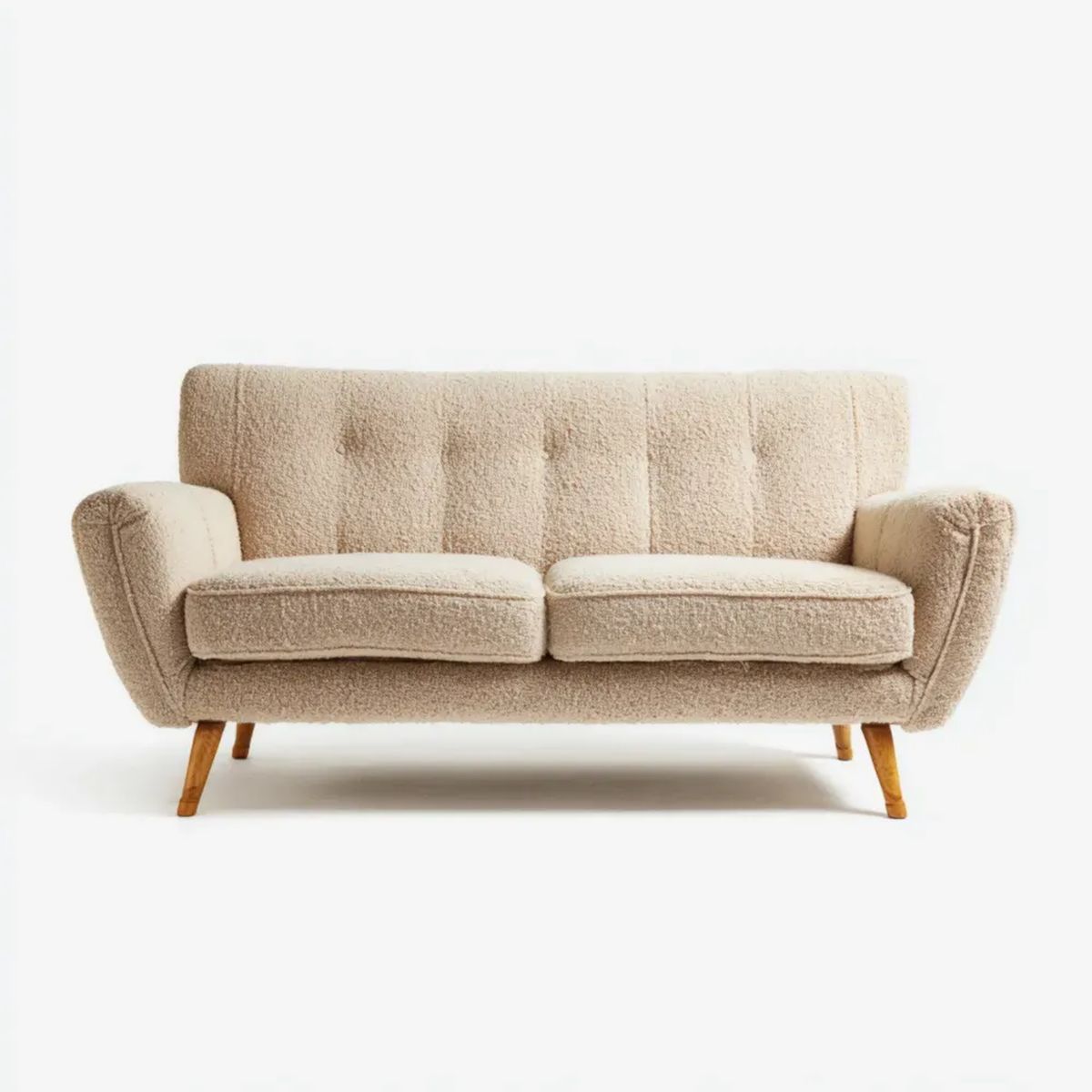 Dwuosobowa sofa beżowa z tkaniny bouclé i drewnianymi nogami, 170 × 85 × 83 cm
