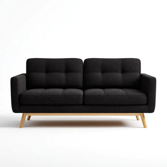Sofa dwuosobowa czarna z obiciem poliestrowym i nogami z drewna kauczukowego, 150 x 80 x 85 cm