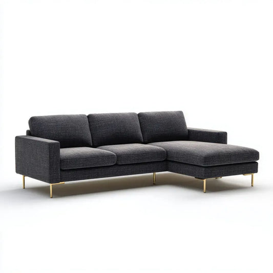 Grafitowa sofa narożna w kształcie L z prawostronnym szezlongiem, tkanina, metalowe nogi, 250 × 160 × 85 cm