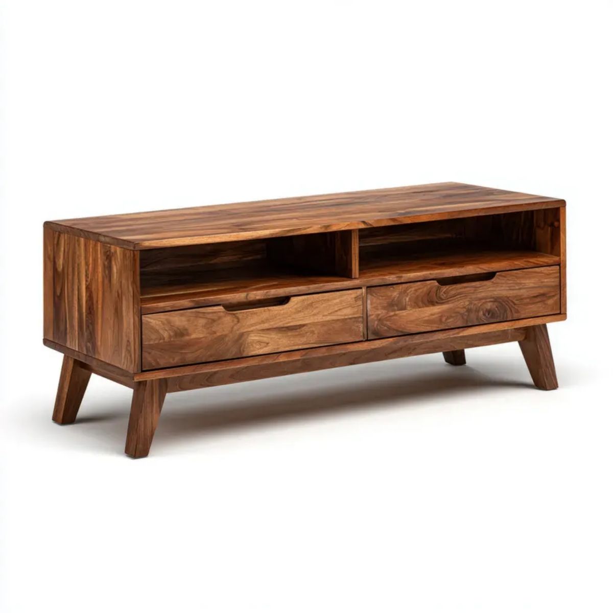 Brązowa szafka RTV z litego drewna sheesham, 120 x 35 x 45 cm, 2 szuflady