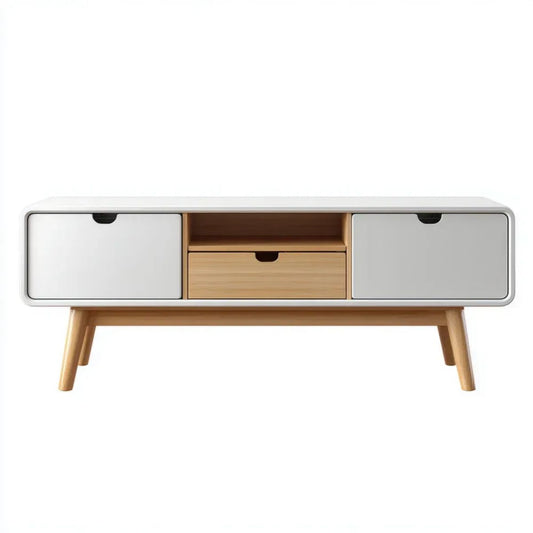 Biała szafka RTV z płyty MDF i nogami z litego drewna sosnowego, 120 × 40 × 55 cm