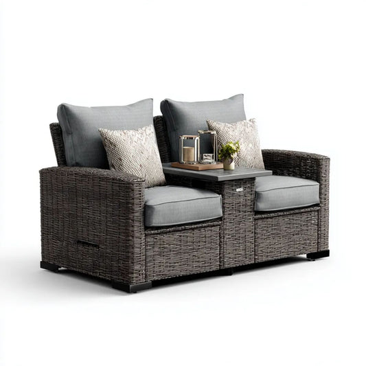 Dwuosobowa sofa ogrodowa z technorattanu PE z centralnym blatem, antracytowo-szara, 160 x 75 x 85 cm