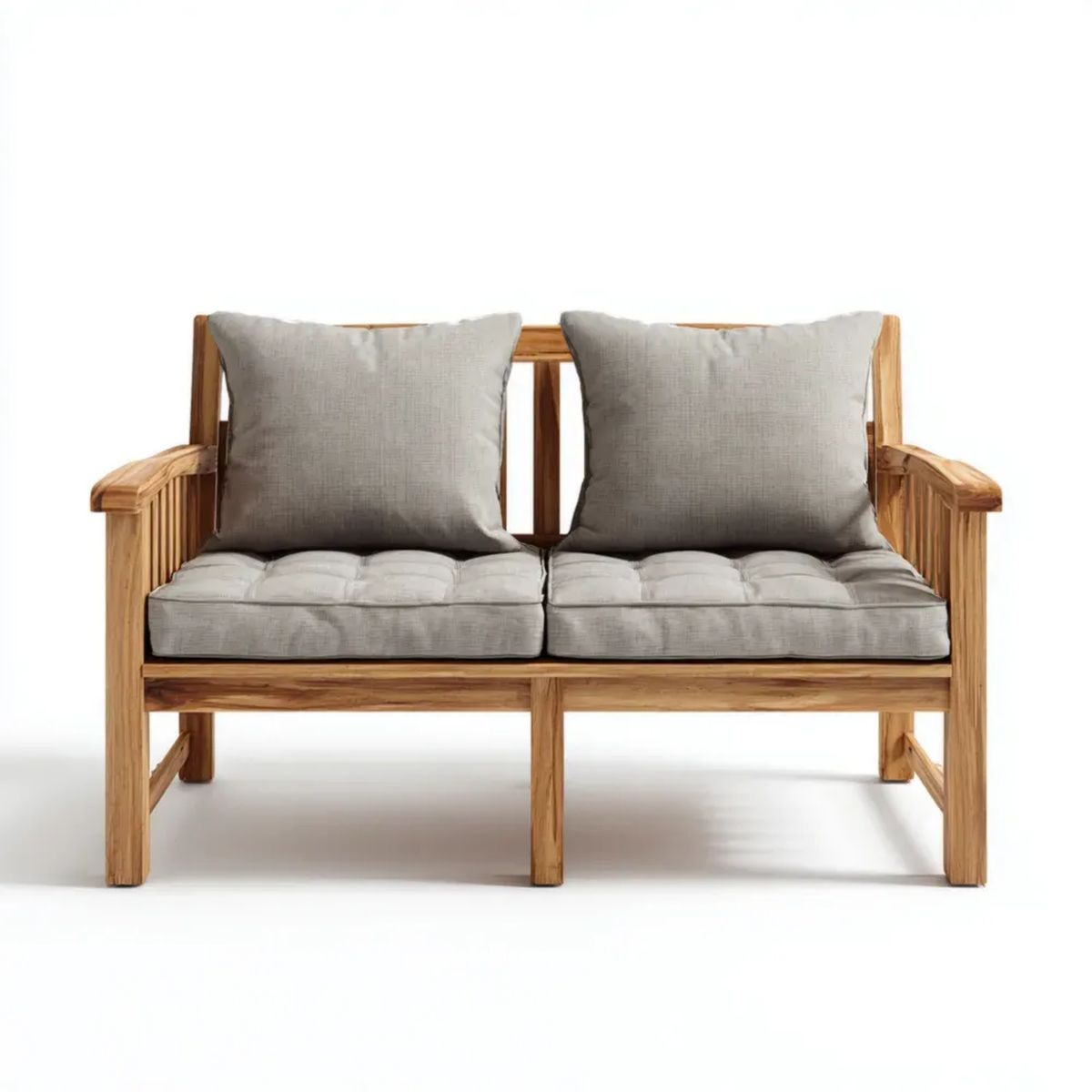 Dwuosobowa sofa ogrodowa drewniana brązowa z szarymi poduszkami, 120 x 70 x 78 cm