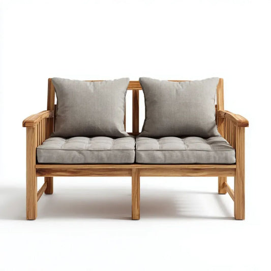 Dwuosobowa sofa ogrodowa drewniana brązowa z szarymi poduszkami, 120 x 70 x 78 cm