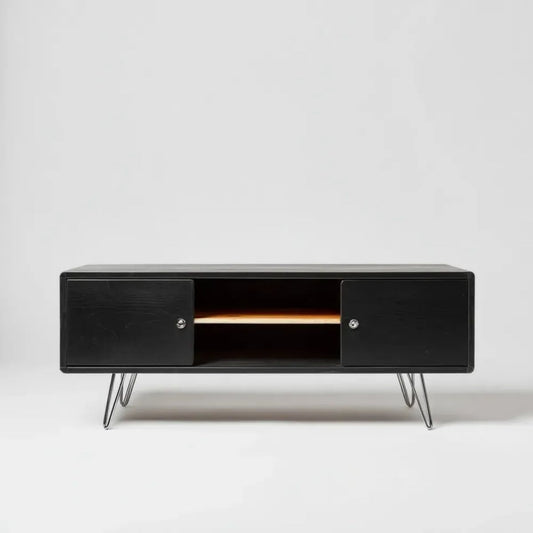 Czarna szafka RTV z płyty MDF na stalowych nóżkach, 120 x 40 x 50 cm